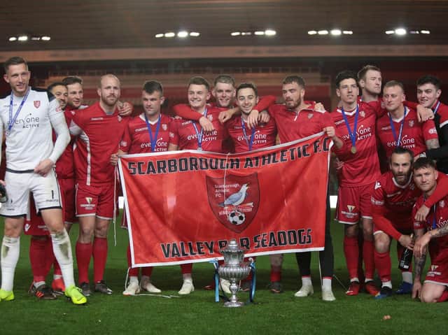 Scarborough Athletic celebrate winning the North Riding County FA Senior Cup