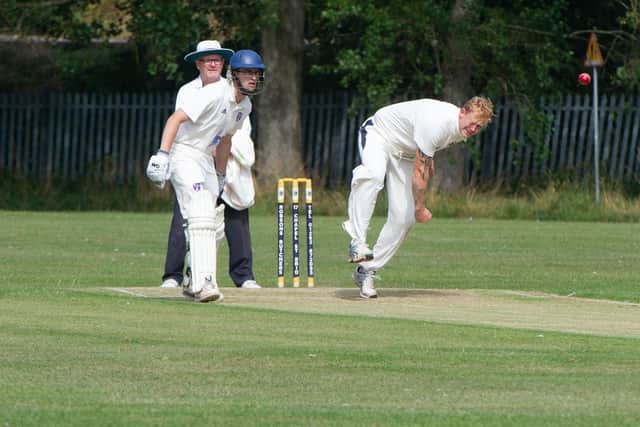 Filey all-rounder Josh Dawson in bowling action for the 2019 Beckett League champions