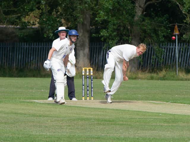 Filey all-rounder Josh Dawson in bowling action for the 2019 Beckett League champions