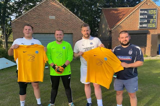 From left, Flamborough FC captain Josh Wood, keeper Elliot Traves, manager Nick Appleby and assistant manager Jordan Forde, show off their kit sponsoerd by Jamie Robertson, MD of the Holderness Fishing Industry Group, based out of Bridlington Harbour