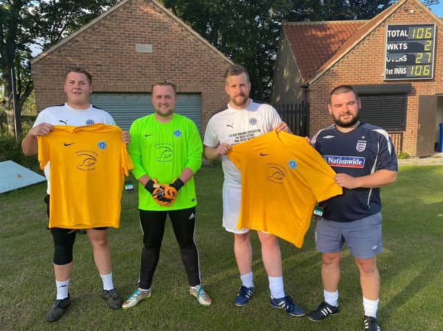 From left, Flamborough FC captain Josh Wood, keeper Elliot Traves, manager Nick Appleby and assistant manager Jordan Forde, show off their kit sponsoerd by Jamie Robertson, MD of the Holderness Fishing Industry Group, based out of Bridlington Harbour
