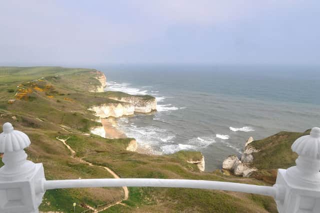 An adult and a child were recued off the coast of Flamborough. Scene-setter of Flamborough here from the lighthouse.