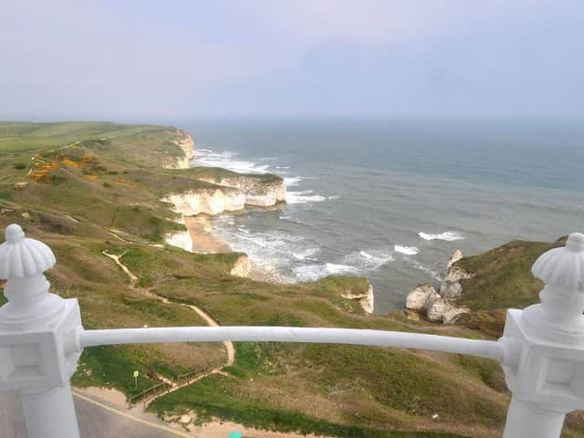 An adult and a child were recued off the coast of Flamborough. Scene-setter of Flamborough here from the lighthouse.