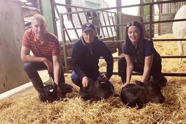 Chris Stockdale, Tom Stockdale and Chloe Stockdale with the triplets at Carr House Farm in Allerston.