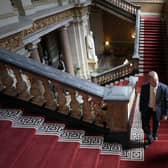 Foreign Secretary Dominic Raab (left), walks up the Grand Staircase inside the Foreign and Commonwealth Office (FCO) in London, with the United States Secretary of State, Mike Pompeo, as they arrive ahead of a working lunch. Pic: PA