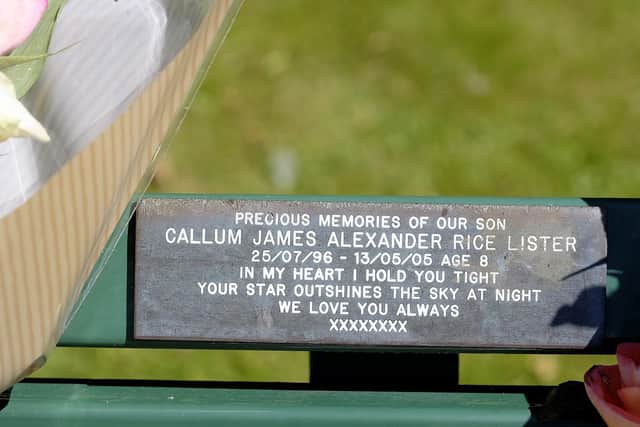 The bench is dedicated to Callum's memory