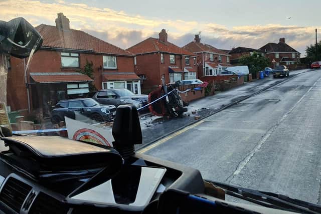 The crashed car on Helredale Road, Whitby, this morning.