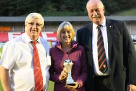 From left, at last year's Dave Holland Memorial Trophy game at Boro are, Brid Town chairman Peter Smurthwaite, Wendy Danby and Boro chairman Trevor Bull

PHOTO BY DOM TAYLOR