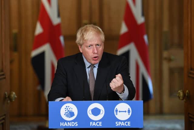 Prime Minister Boris Johnson during a virtual press conference at Downing Street, London, following the announcement that the legal limit on social gatherings is set to be reduced from 30 people to six. The change in the law in England will come into force on Monday as the Government seeks to curb the rise in coronavirus cases. Photo: PA
