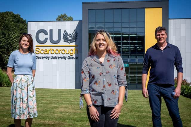 Student Katy Hannath (centre) with Dr Siobhan Taylor and Dr Duncan Greaves at CU Scarborough.