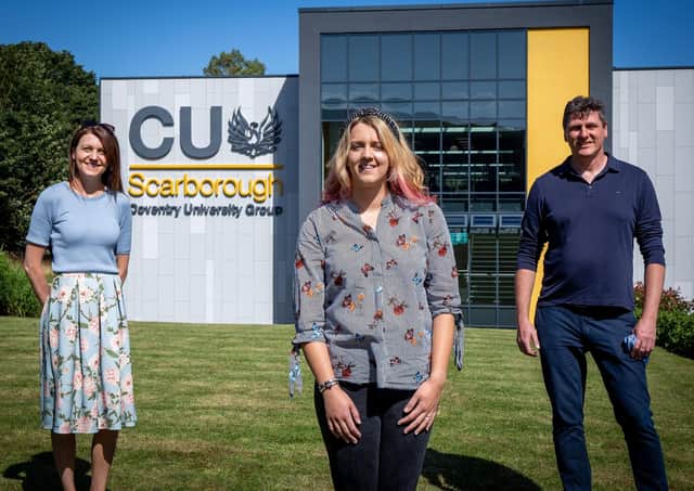Student Katy Hannath (centre) with Dr Siobhan Taylor and Dr Duncan Greaves at CU Scarborough.