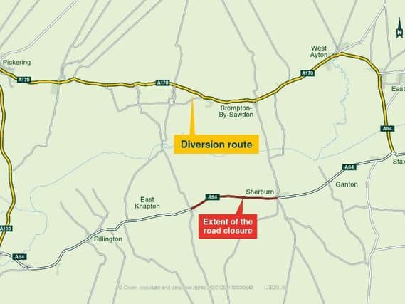 Map of the extent of the A64 road closure when implemented and the diversion route for drivers.