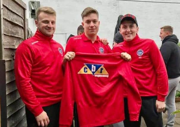 Ross Pearson, Oli Robinson & Mitch Collins of Flamborough FC with new matchday jackets sponsored by CBR Engineering