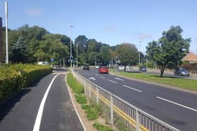 The stretch of Scalby Road approaching the Woodlands Drive turn; after that, two lanes merge into one