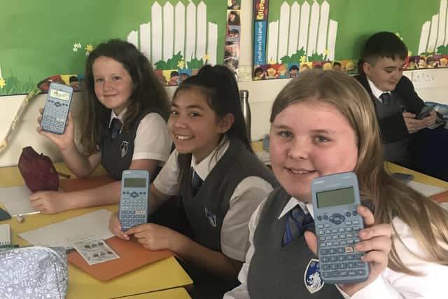George Pindar School students with the new calculators after the donation from Anglo American.