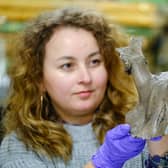 Ela Bochenek, documentation assistant at Scarborough Museums Trust, with the Star Carr antler headdress