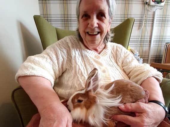 Scarborough Hall resident  Sheila Deere with a pet rabbit