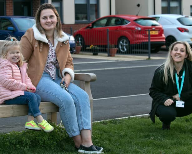 Emma Walker and her quick-thinking daughter Eva, pictured with Michelle Booth from Coastcall.