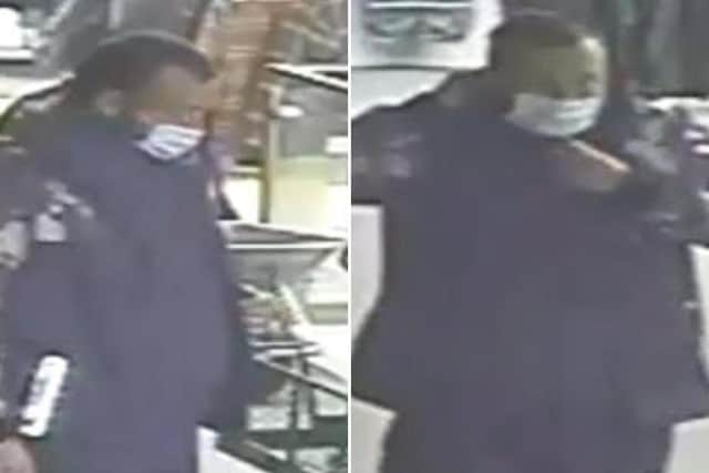CCTV images of the man police want to speak to after a theft from BATA Country store in Ruswarp.