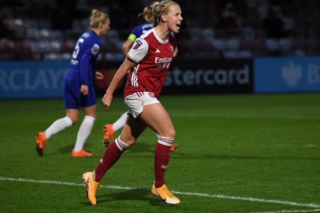 Hinderwell’s Beth Mead celebrates scoring in Arsenal’s 1-1 draw against Chelsea on Sunday. PICTURE: GETTY