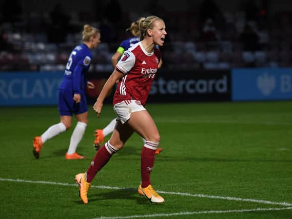 Hinderwell’s Beth Mead celebrates scoring in Arsenal’s 1-1 draw against Chelsea on Sunday. PICTURE: GETTY