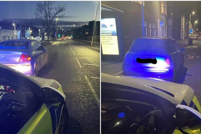 Police stop the Peugeot (left) and the Mini