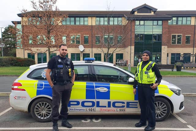 Police constables Arfan Rahouf and Uzma Amireddy, who have designed a police uniform which incorporates the hijab head covering. Picture: Twitter