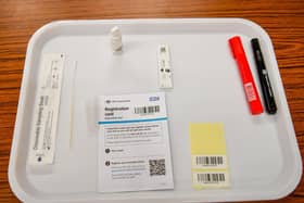 The medical kit used to perform a lateral flow test includes a sterile swab, sterile fluid, sterile vial, barcoded paperwork, marker pens for marking timings and the lateral flow immunoassay diagnostic device, which shows the presence of SARS-CoV-2. Photo: PA