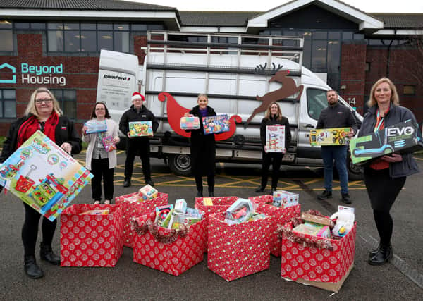 These hampers filled with toys donated by Bamford Doors and KMS will be distributed by Beyond Housing. Photo by Chris Booth