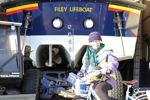 Stephanie outside Filey Lifeboat station.
