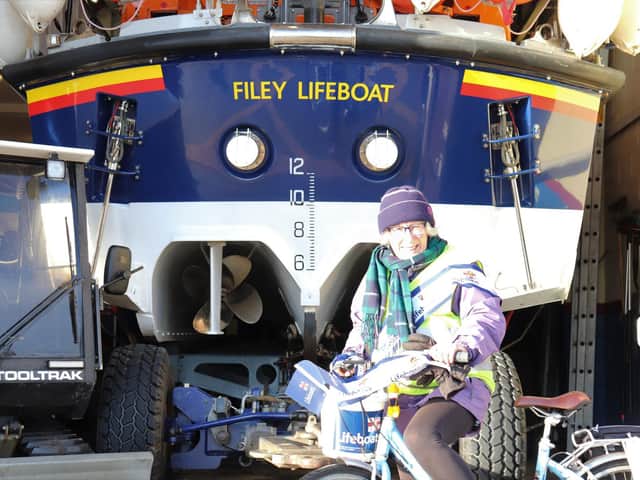 Stephanie outside Filey Lifeboat station.