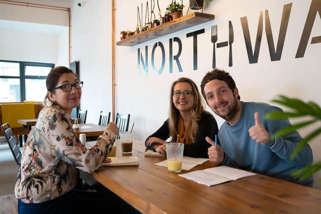 Charlotte Middleton, Head of Design, and Heidi Jackson, Business Development Manager, meet with founder Chris Marson