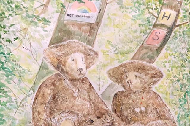 Watercolour of Brown Bears in the tree.