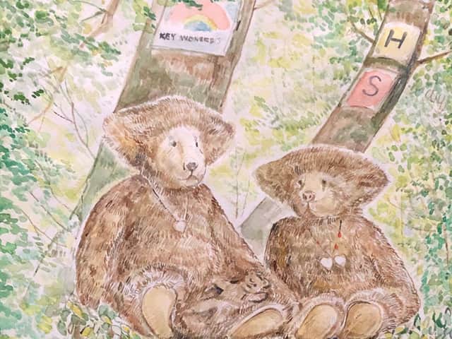 Watercolour of Brown Bears in the tree.