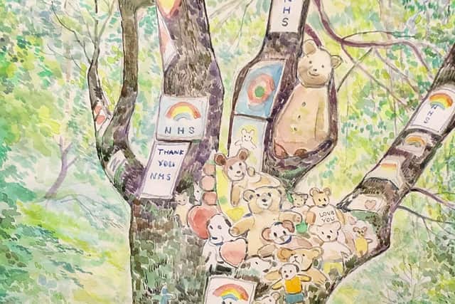 Teddies in the trees watercolour.