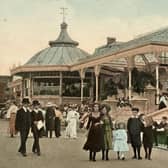 This colourised vintage postcard dated August 1909 features a busy scene at the Floral Pavilion.