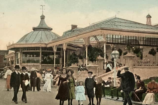 This colourised vintage postcard dated August 1909 features a busy scene at the Floral Pavilion.