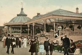 This colourised vintage postcard dated August 1909 features a busy scene at the Floral Pavilion.