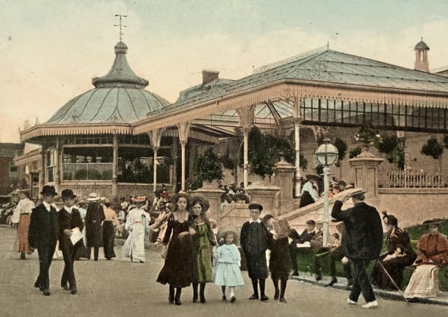 This colourised vintage postcard dated August 1909 features a busy scene at the Floral Pavilion.