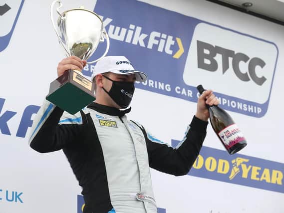 Senna Proctor, inset, celebrates his best performance of the BTCC season, a second-placed finish in race three at Knockhill. 

PHOTOS BY EXCELR8 MOTORSPORT