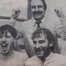 Tony Lee celebrating the win over Halifax Town with the Whitby players.