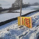 The sign was pulled down from its post and the word 'Lies' sprayed on in red paint.