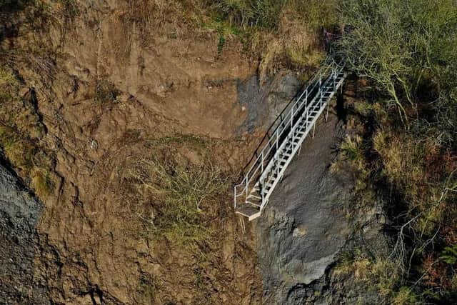 The 'new' metal steps down to Port Dock from Rosedale Lane at Port Mulgrave are the latest casualty from cliff erosion after the heavy persistant rain of the past few weeks. Photo: Alastair Smith