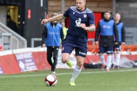 Josh Barrett on the attack in Scarborough Athletic’s draw at FC United of Manchester