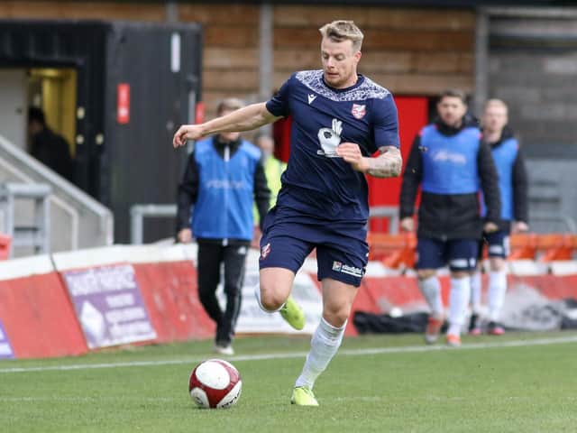 Josh Barrett on the attack in Scarborough Athletic’s draw at FC United of Manchester