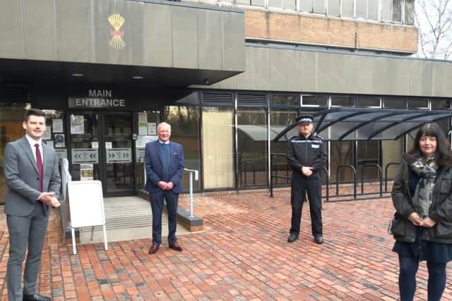 Pictured outside Ryedale House are: Cllr Keane Duncan, Leader of Ryedale District Council; Cllr Steve Arnold, Deputy Leader of Ryedale District Council; Inspector Martin Dennison of Malton Neighbourhood Policing Team; and Bridget Skaife, Safer, Stronger Communities Manager at Ryedale District Council.