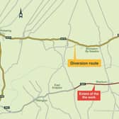 A diagram of the diversion route that will be in use during the work taking place between Sherburn and Staxton on the A64.