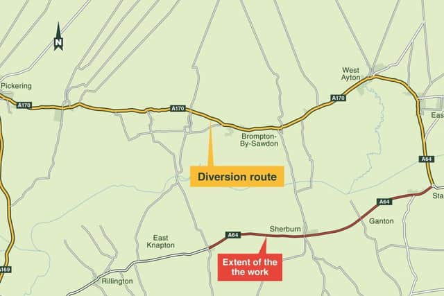 A diagram of the diversion route that will be in use during the work taking place between Sherburn and Staxton on the A64.