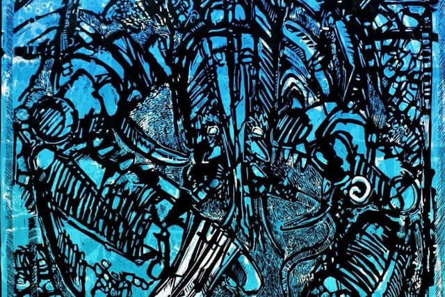 The Blue Hummer woodblock print by artist Ian Burke.