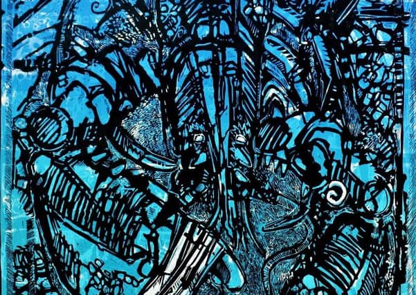 The Blue Hummer woodblock print by artist Ian Burke.